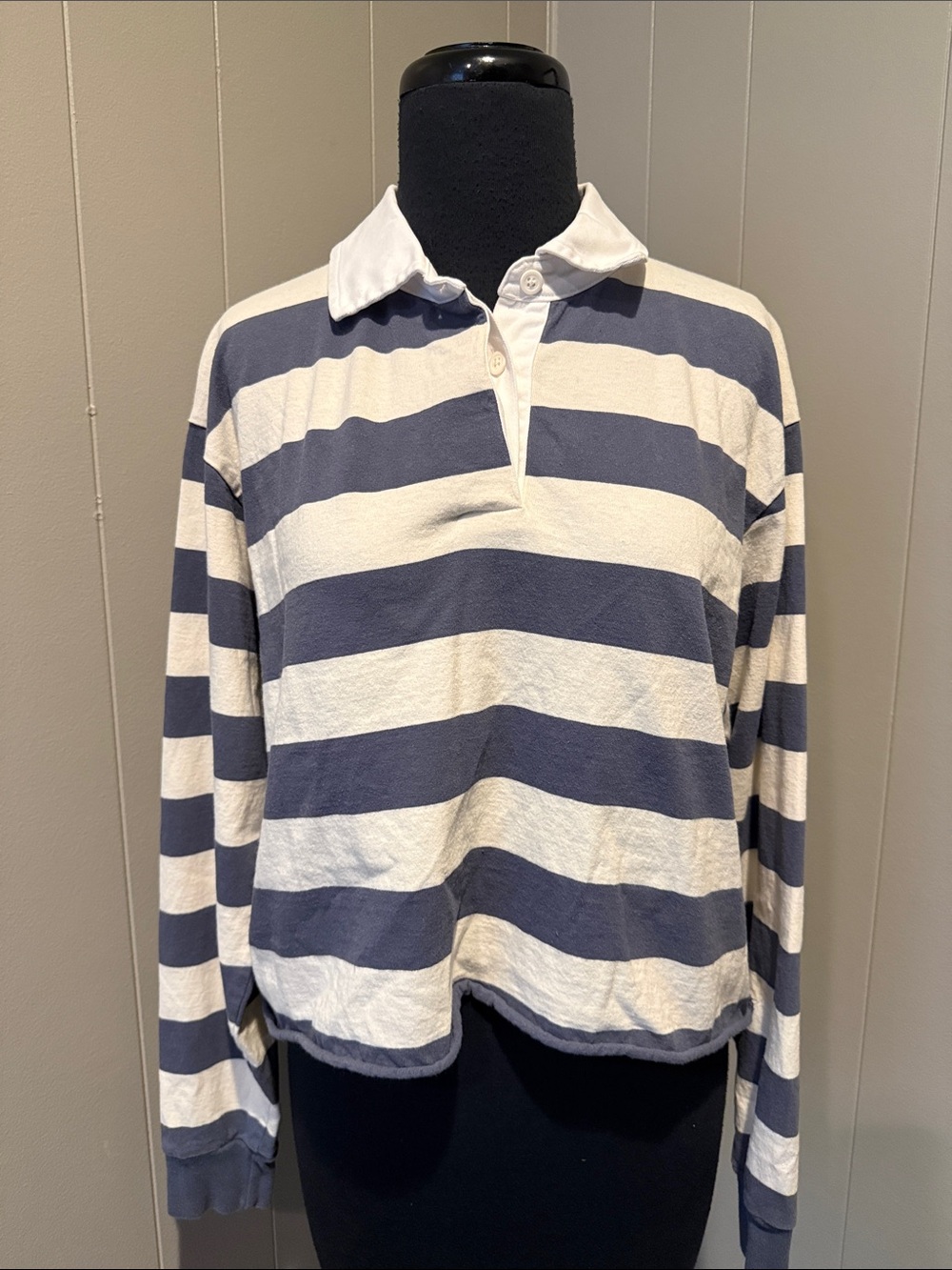 John Galt Brandy Melville Women’s 40 Navy & White Striped Collared Rugby Top